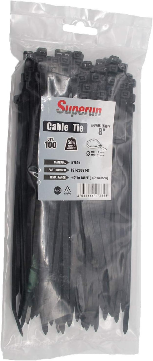 Superun Heavy Duty Zip Ties, 8 Inch, 50 Lbs Tensile Strength, Self-locking Wire Ties, Pack of 100, Black