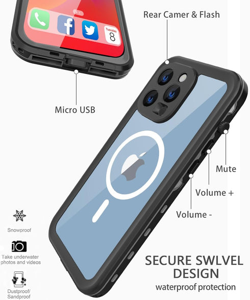 iPhone 14 Pro Max Waterproof Case, Full Body Shockproof Dust Proof Cover with Built-in Screen Protector (Black, 6.7