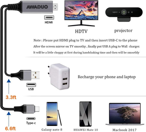 USB C to HDMI Adapter with Charging Cable, 4K 30Hz Compatible with MacBook 2018, iPad Pro, 6.6FT (Black)