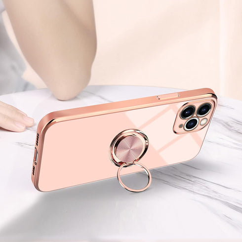 Omorro Pink iPhone 11 Pro Case - Built-in Rotation Ring Kickstand Cover with Luxury Shiny Plating Rose Gold Edge