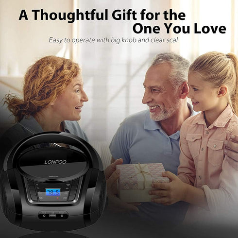 LONPOO Portable Boombox CD Player with FM Radio, USB, Bluetooth, AUX Input, Stereo Sound Speaker, Black