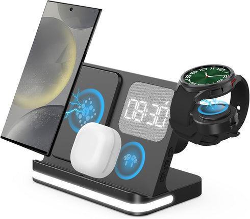 4 in 1 Wireless Charger with Alarm Clock, Compatible for Galaxy S24/Ultra/S24+/S23/Note 20/Z Flip 6/5, Galaxy Watch