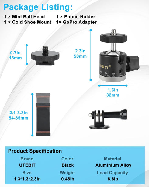 UTEBIT 1/4" Mini Ball Head, Panoramic Tripod Head with Camera Hot Shoe Mount DSLR Camera Mount Adapter Photograph
