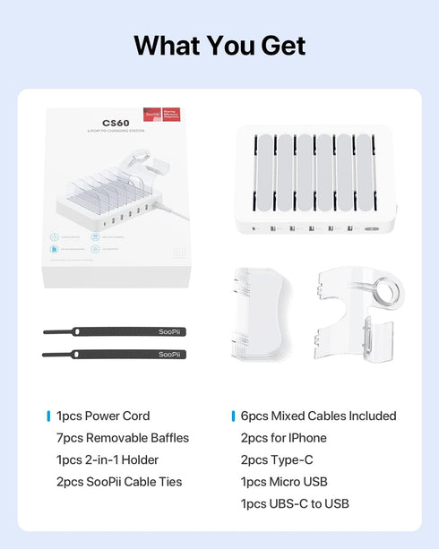 SooPii 60W 6-Port Charging Station for Multiple Devices, PD 20W USB C Fast Charging, 6 Short Cables