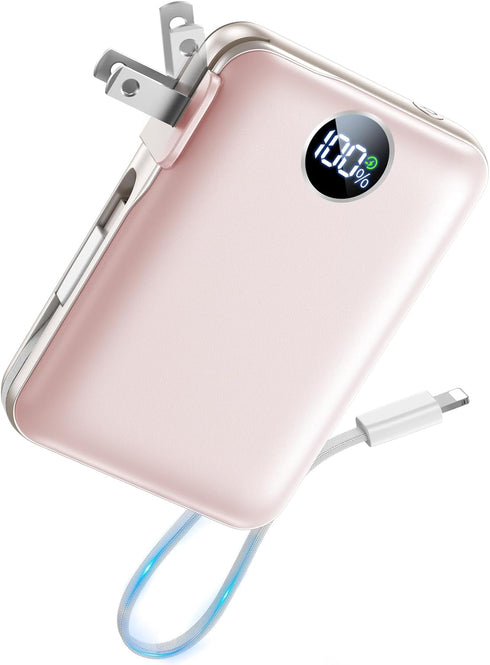 Sucrosey Portable Charger with Built-in Cables & Wall Plug, 10000mAh Power Bank, 4