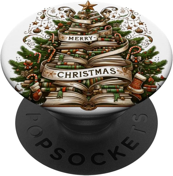 Literary Christmas Tree Festive Book Stack PopSockets Adhesive PopGrip