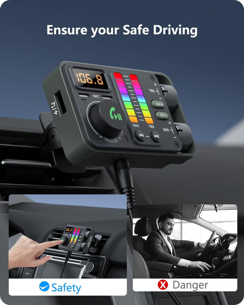 LENCENT Bluetooth 5.3 Car FM Transmitter, Dual Mics for Hands-Free Call, Hi-Fi Treble & Bass Music Player, PD20W QC18W