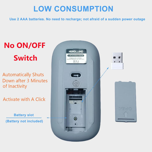 Herolland 2.4G 3 Battery Wireless Mouse, Noiseless Mouse with USB Receiver - Slim Portable Computer Mice, DPI Quiet