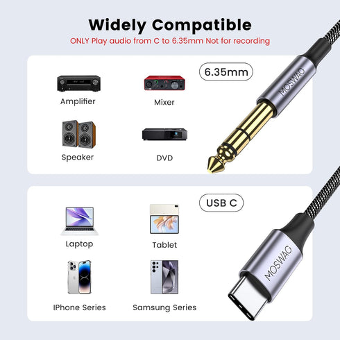 1/4 6.35mm 1/4 Theater(6.6ft/2m) MOSWAG USB C to TRS Audio Stereo Cable, USB Type C to Adapter Cable with Speaker