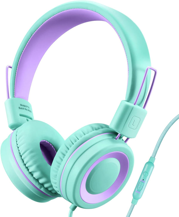 POWMEE P10 Kids Headphones with Microphone - Adjustable Volume Control Foldable On-Ear Headphones, Green.