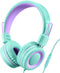 POWMEE P10 Kids Headphones with Microphone - Adjustable Volume Control Foldable On-Ear Headphones, Green.