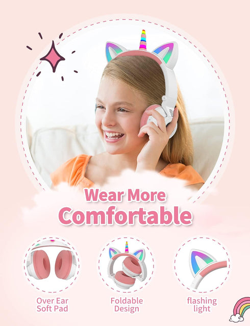 Unicorn Kids Headphones for Girls, Foldable Bluetooth Headphones for Toddlers, Light Up Wireless Headphones for