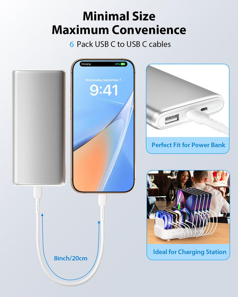 6-Pack Cables,8 Inch/0.7Ft 60W SOOPII Short USB C to USB C Type C Fast Charging Cables,Compatible