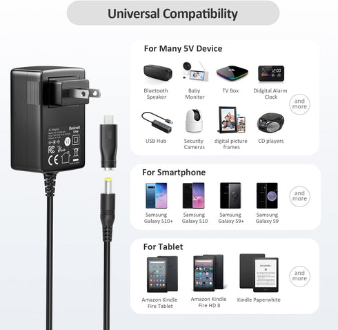 Basicvolt 5V 2A AC Adapter, Versatile Power Supply Wall Charger with 8 Tips for Camera, BT Speaker, GPS, USB Hub, TV Box