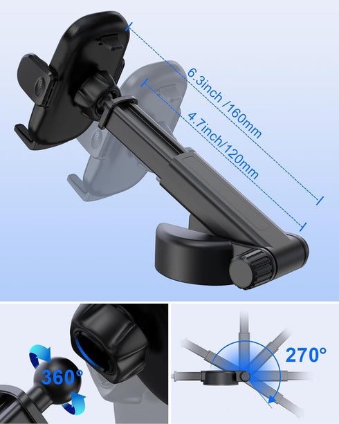 Reusable Velcro Phone Holder Car Mount, Universal Dashboard Windshield Phone Mount, 360° Rotation Compatible with iPhone