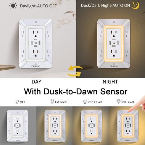 Multi Plug Outlet Surge Protector, POWRUI 6 Outlet Extender with 3 USB Ports and Night Light