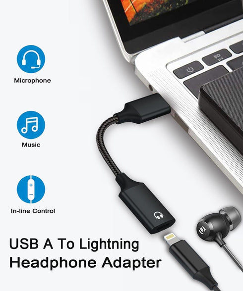 USB A to Lightning Female Audio Adapter, External Sound Card USB-A to Female Lightning Adapter HiFi Audio Headphones Converter Fit with USB A MacBook Computer PC Support Volume Mic Nylon Braided