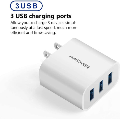 Amoner USB Wall Charger, 2-Pack Upgraded 15W 3-Port USB Charging Blocks, iPhone Plug Adapter Wall Charger Cube for