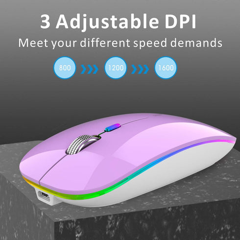 Uiosmuph LED Wireless Mouse, G12 Slim Rechargeable Silent Mouse with USB Receiver and Type C Adapter (Purple)