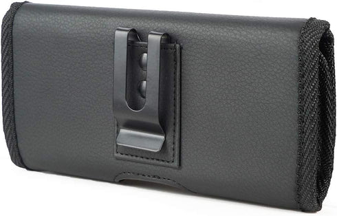 Nakedcellphone Case for Galaxy Z Fold 5 Phone - Black Vegan Leather Horizontal Pouch with Metal Belt Clip, Magnetic