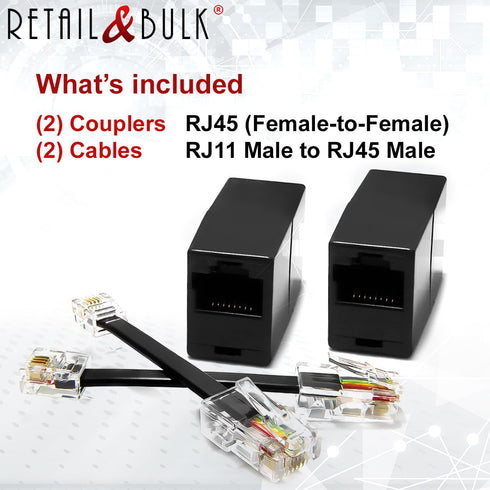 2-Pack RJ11 to RJ45 Adapter, Phone Line to Ethernet for Landline, Fax, DSL Modem Connection (Black, Made in USA)