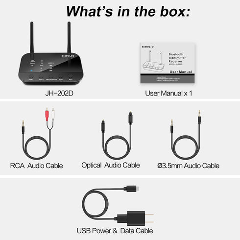 SIMOLIO Bluetooth Transmitter Receiver for TV Home Stereo, aptX Low Latency & HD Long Range Audio Adapter for 2