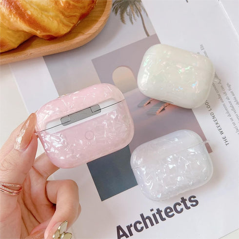 Olytop Cute Glitter Airpods Pro 2nd/1st Generation Case with Cleaner Pen, Shell Pattern Cover with Luxury Pearl Keychain