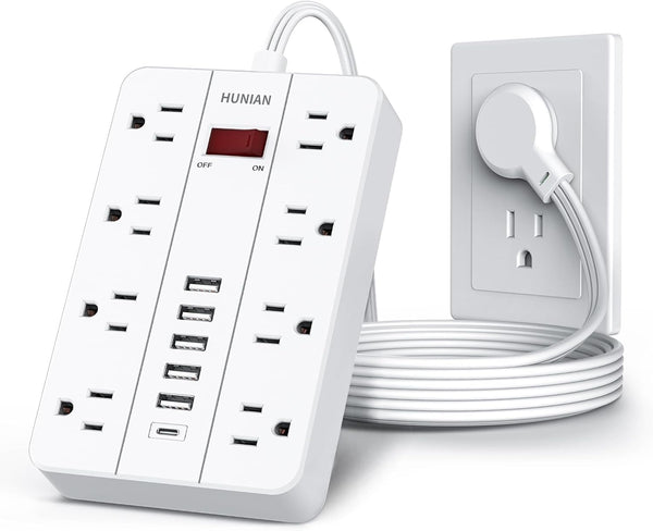 HUNIAN Power Strip with USB, Flat Plug Extension Cord Surge Protector 5 Ft,
