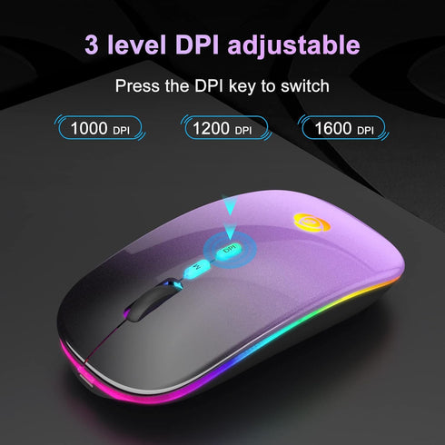 LED Wireless Mouse, Bluetooth & 2.4GHz Connection, Rechargeable Ultra Silent Slim Design, USB-C Adapter (Black-purple)