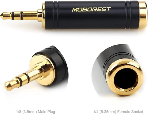 MOBOREST 3.5mm to 1/4'' Stereo Pure Copper Adapter, 1/8'' Male Plug to 1/4'' Jack Female Socket, Black - 1PCS