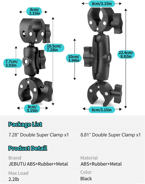 Super Clamp Double Camera Clamp, 7.28"/18.5cm & 8.86"/22.5cm Double Super Clamp Magic Arm, Motorcycle Bike Handlebar