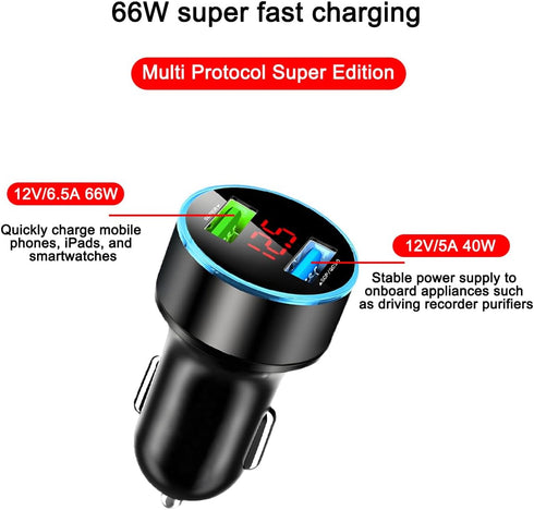 66W Car Charger, Super Fast Charging 2 Ports USB Vehicle Charger, Quick Charge Adapter for Phones and Laptops
