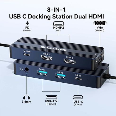 ANYOYO 8-in-1 3 4K +PD100W+Audio USB C Docking Station Dual HDMI Monitor Adapter USB C HUB Monitors Adapter with HDMI