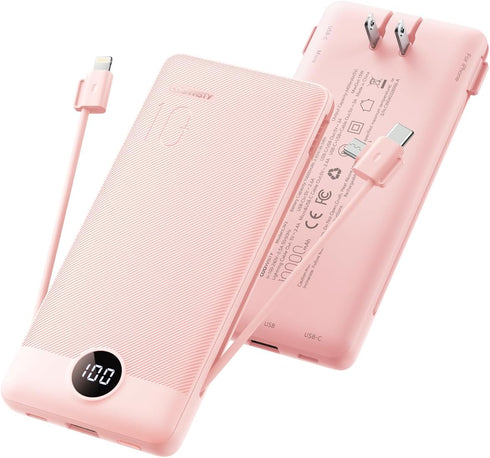 Coowisty Portable Charger Built-in Cables and Wall Plug, 10000mAh Slim USB C Power