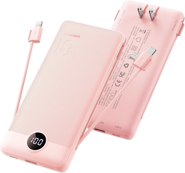 Coowisty Portable Charger Built-in Cables and Wall Plug, 10000mAh Slim USB C Power
