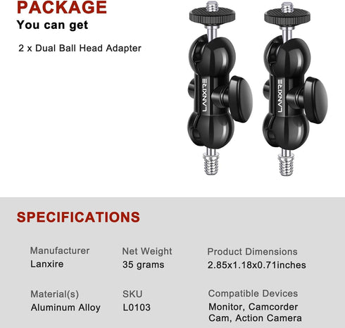 Mini Magic Arm with Double Ball Head & 1/4" Screw - 2 Pack for Camera Cage, Clamp, Action Cameras, LED Light