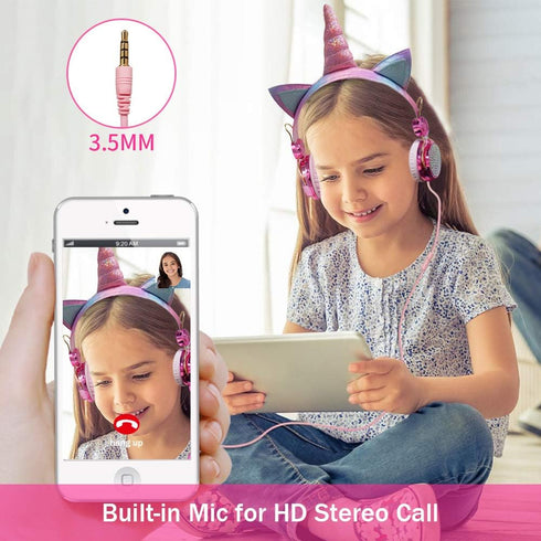 Unicorn Kids Headphones for Girls, Wired Headphones with Adjustable Headband, 3.5mm Jack, Over-On Ear Headset