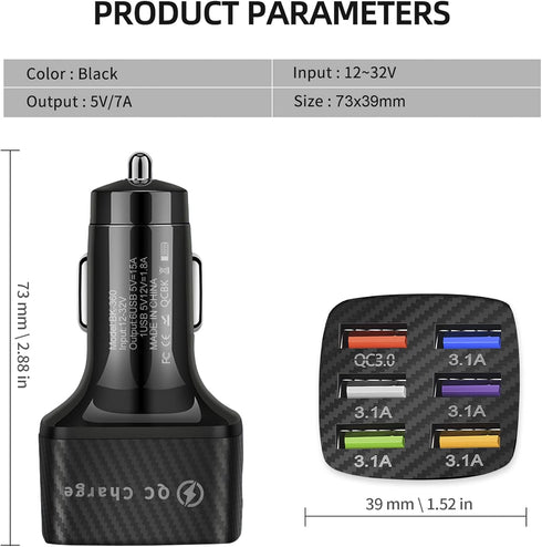 Amiss Car Charger Adapter, 6 USB Multi Port, Fast Charger, Include QC 3.0 and 5 Other Ports, Car Interior Accessories, Fit for iPhone 13/12/11/pro, Samsung Galaxy/Note S10/S9/S8 - Black(2PCS) by Amiss