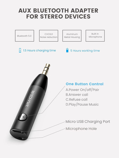 3.5mm Bluetooth Aux Adapter for Car - Maedhawk Stylish Bluetooth 5.0 Receiver with Noise Cancelling and Headphone Jack for Truck Home Stereo Headphones Speakers Music Streaming