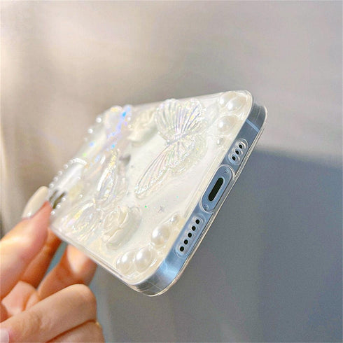 Fycyko 3D Butterfly Floral Clear Phone Case for iPhone 7/8/SE - Cute, Sparkly, Protective Cover with Chain for Girls.