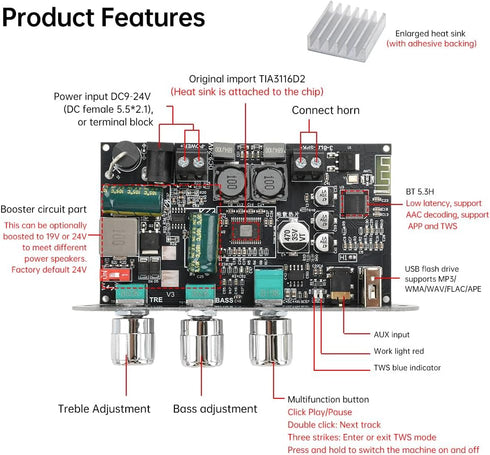2-Pack ZK-1001U TWS,100W 9-24V Mono Bluetooth AMP Board with Vehicle Amplifier Input Wide Voltage Home Audio Amplifier