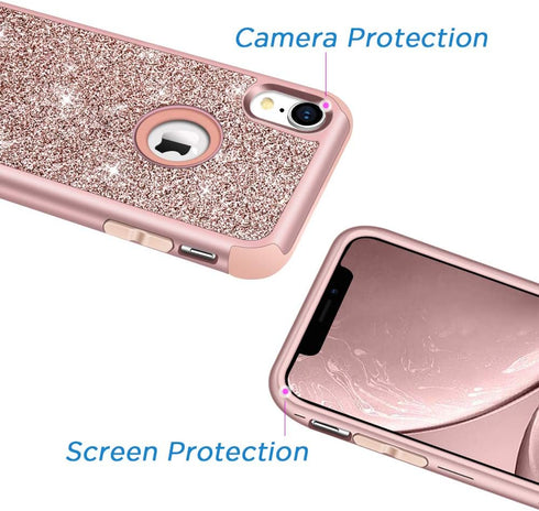 Hython iPhone XR Case - Heavy Duty Full-Body Armor, Shockproof Silicone Bumper, Rose Gold Glitter, 6.1-Inch.