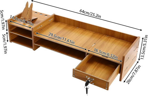 Computer Monitor Stand, Tabletop Computer Rack with Lockable Drawer, Wood Monitor Stand, Suitable for Study, Office
