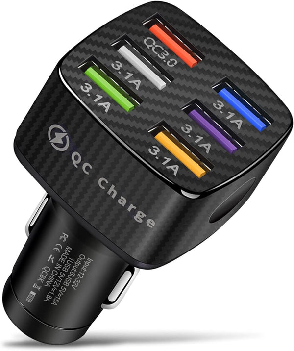 Car Charger Adapter, 6 Ports USB QC3.0 Fast Phone Charger with LED Light Display for All Vehicles