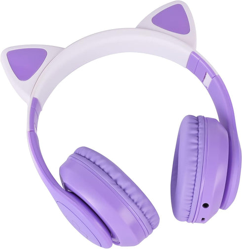 Cat Ear Kids Headphones, Bluetooth LED Light Up Over Ear Headphones, Wireless/Wired Mode with Built-in Microphone for