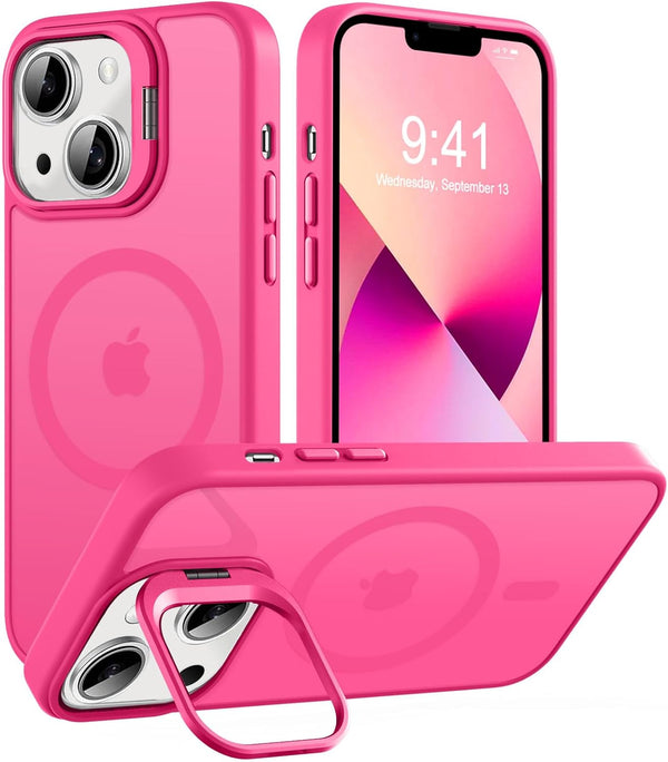 Hot Pink Magnetic Case for iPhone 13 & 14, Shockproof, Matte Scratch-Resistant, Built-in Stash Stand, Magsafe