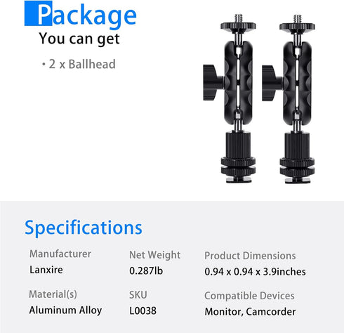 Magic Arm Cool Ballhead Double Ball Head Adapter with 1/4’’ Screw & Cold Shoe Mount - 2 Pack for Cameras