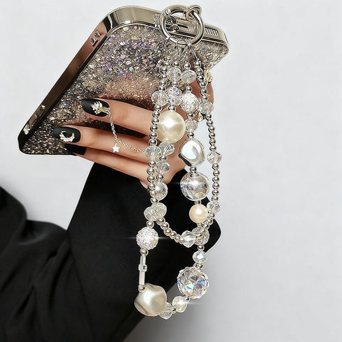 RUIYDZ Luxury Pearl Phone Wrist Strap Crystal Diamond Beaded Keychain Wristlet for Phone Chain Wristlet Glitter