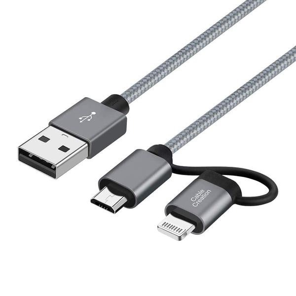 CableCreation 4FT 2-in-1 Charging Cable: MFi Certified Lightning & Micro USB for iPhone 13, 12, 11, X, 8, LG, HTC. Gray.