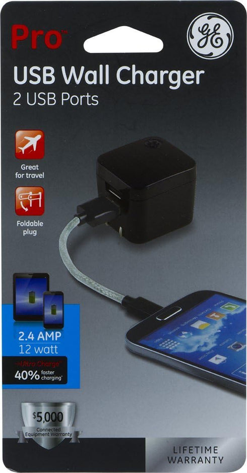 GE Pro Wall Charger, 12-Watt, Rapid Charge, Foldable Plug - Compatible with iPhone 15/Pro,Max/14/13, iPad Air/Pro,